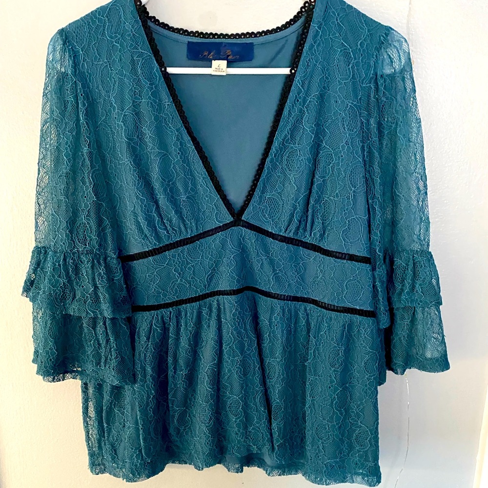Dusty Blue Lace Peasant Sleeve Blouse